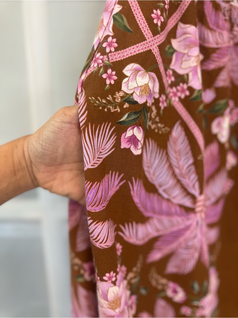 Farm Rio Pink Brown Tropical Floral Palm Print Maxi Dress - L - Picture 8 of 14